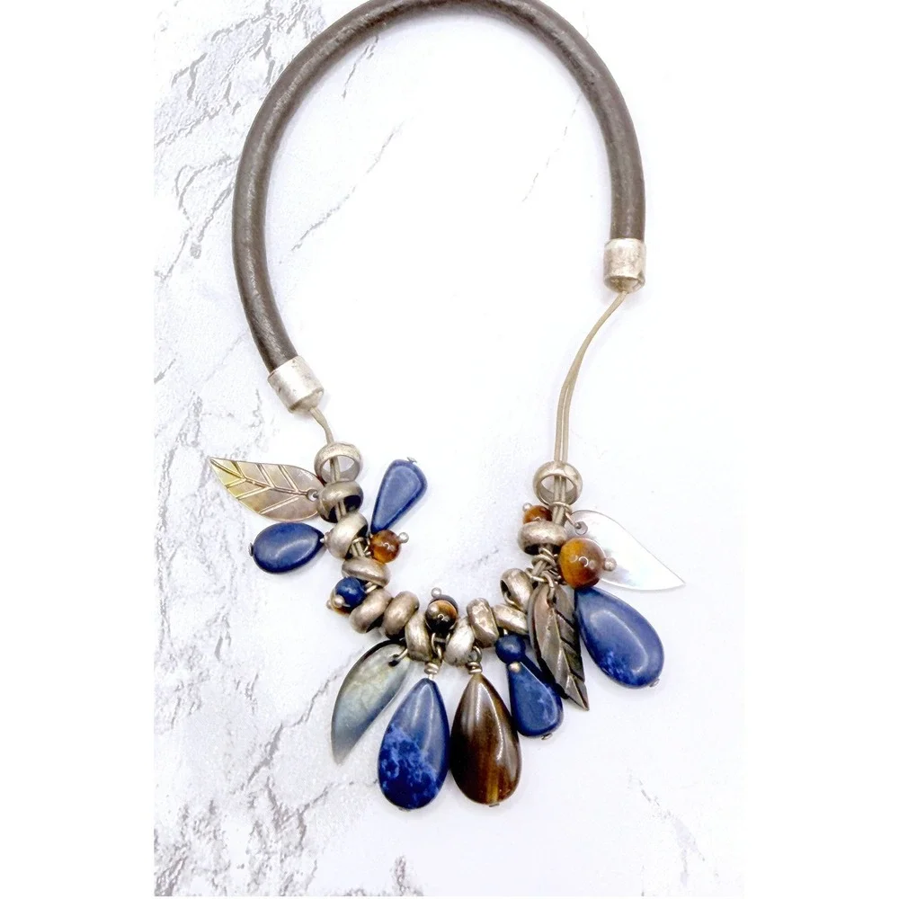 Unique Blue‎ Stone Charm Bracelet Abalone Leaf Boho Quartz Iolite